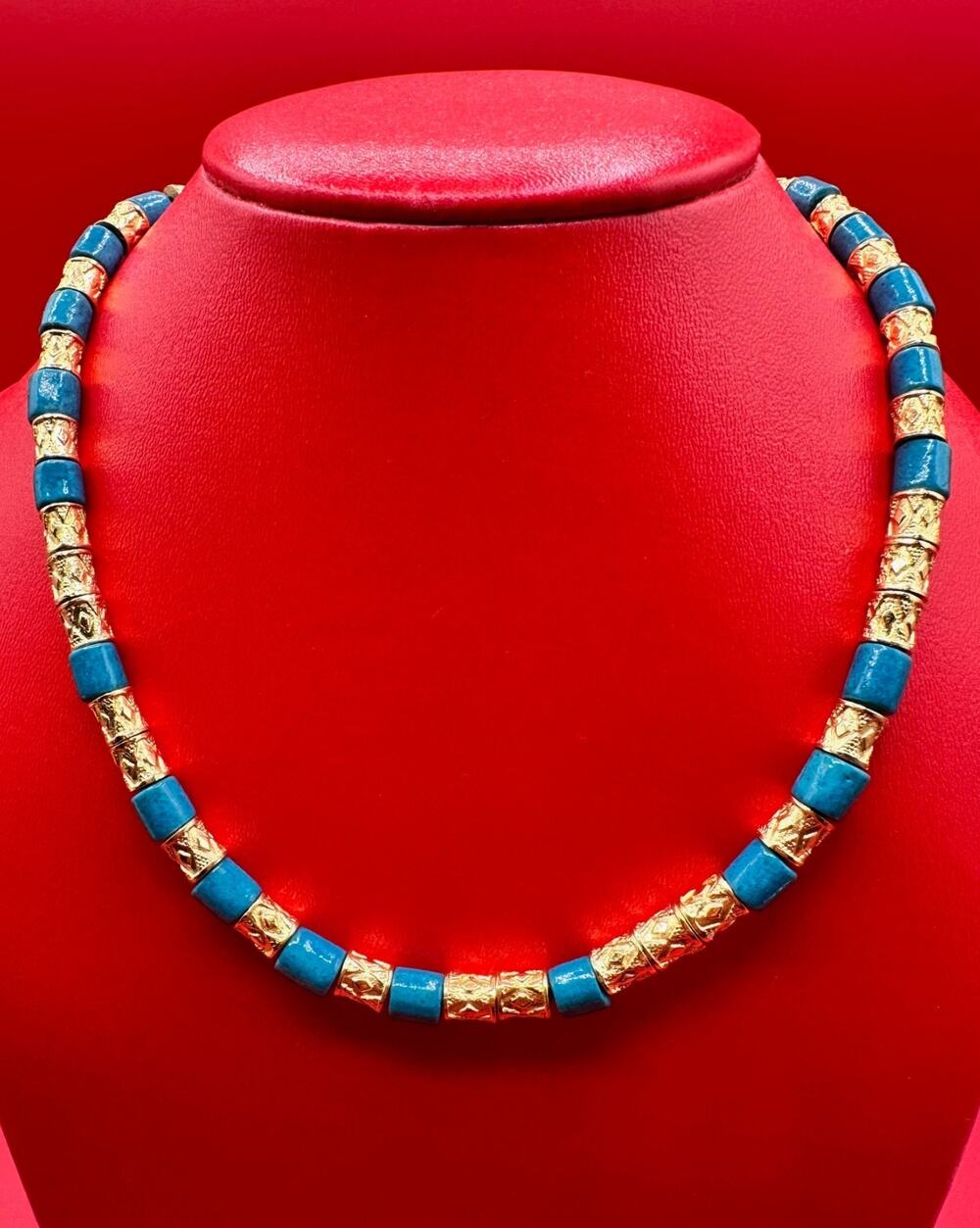 Vintage 1976 MMA Egyptian Revival Faience And Gold Plate Beaded Choker Necklace